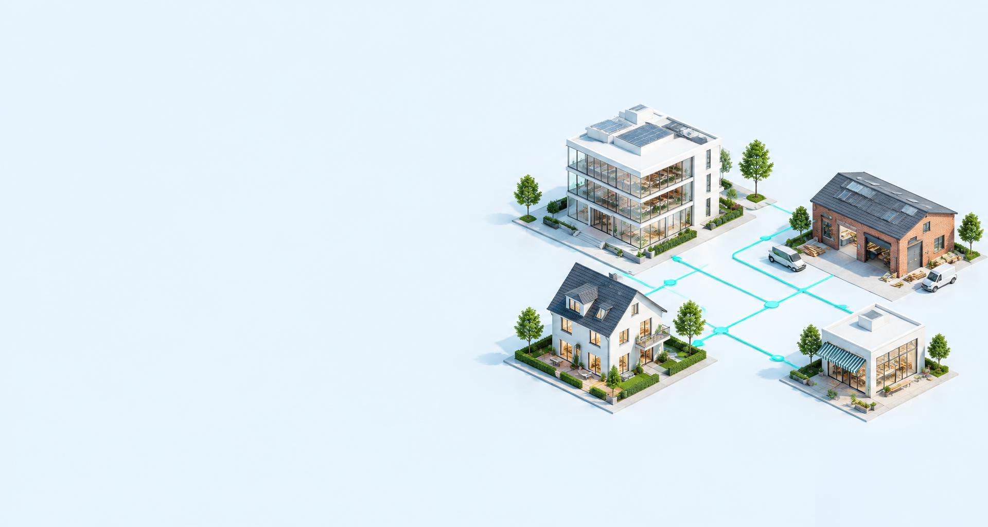 Vernetztes digitales Viertel aus Büro, Handwerk, Wohnhaus und Geschäft